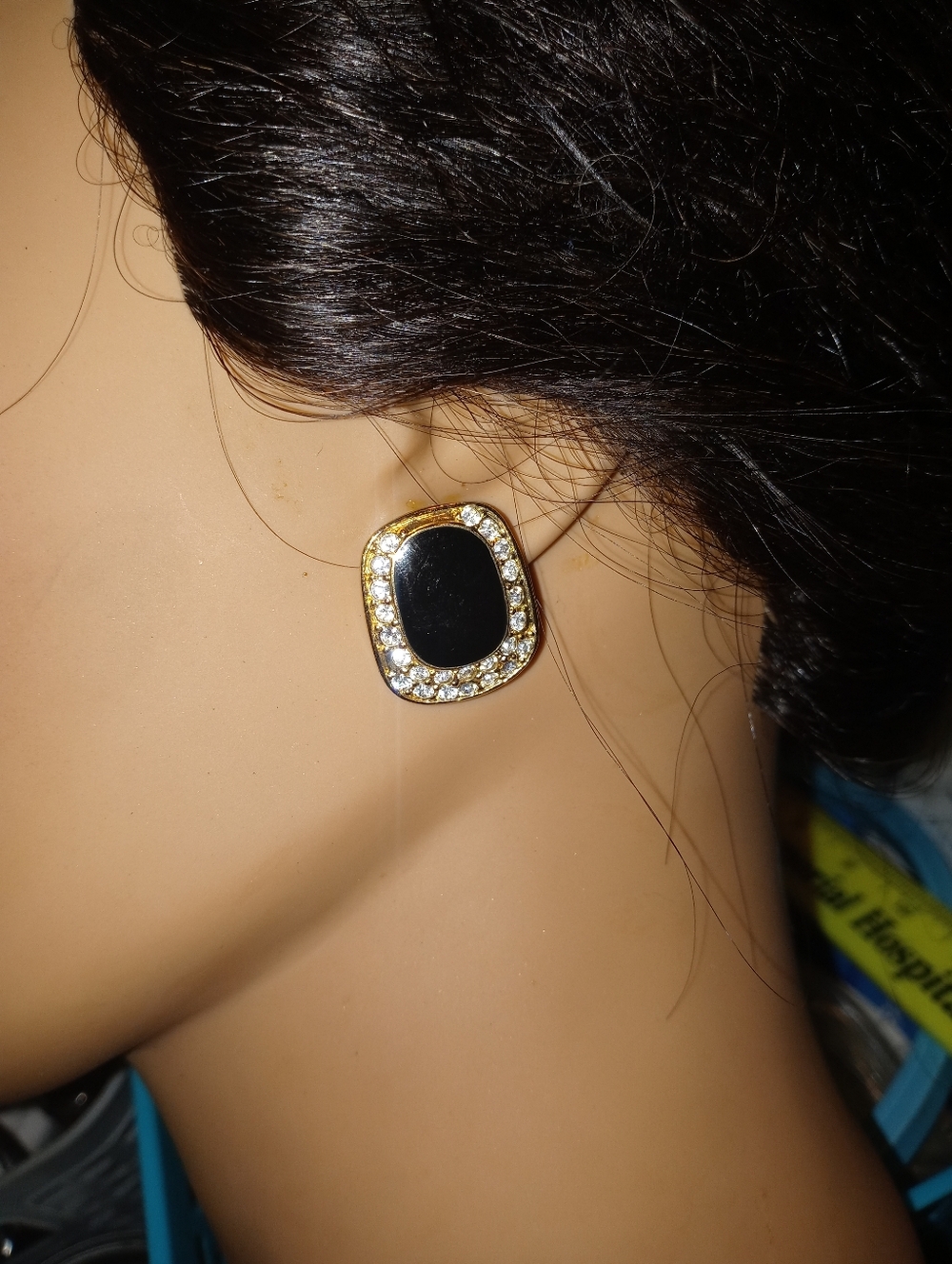 Black Enamel With Clear Crystals Earrings